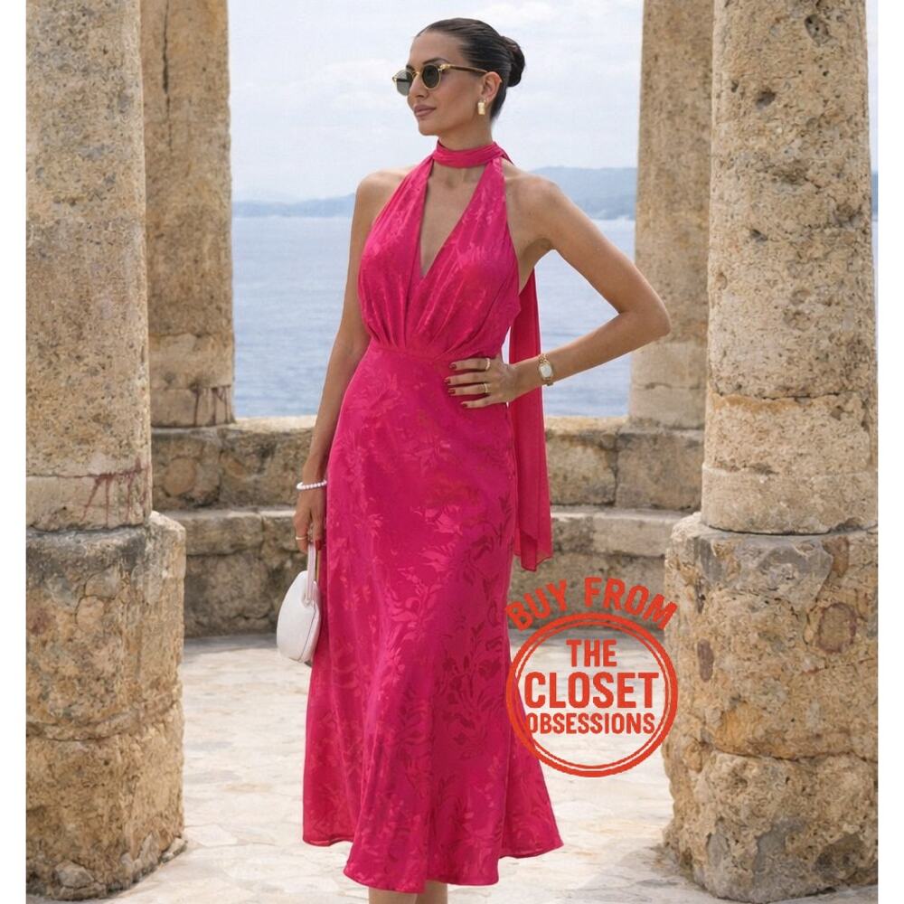 ZARA Fuchsia Halter Midi Dress NWT Pink Wedding Guest Vacation Dress Size M